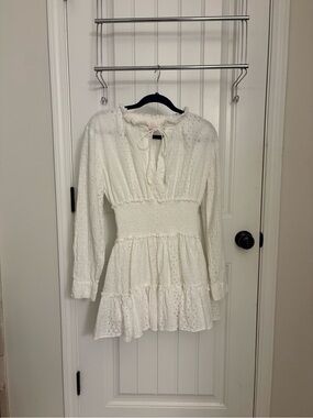 Mary Marshmallow XS Smocked Waist White Eyelet Mini Dress with Tie Neck